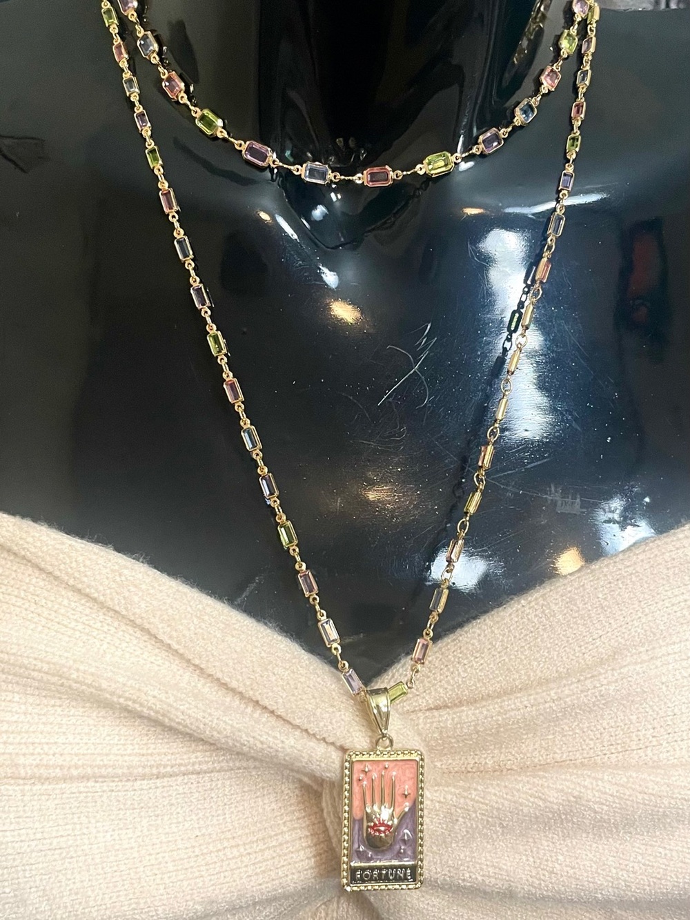 Tarot Card Enamel Pendant Pastel Jolly Gems 3 Pc Necklace Set Gold Filled NWOT
